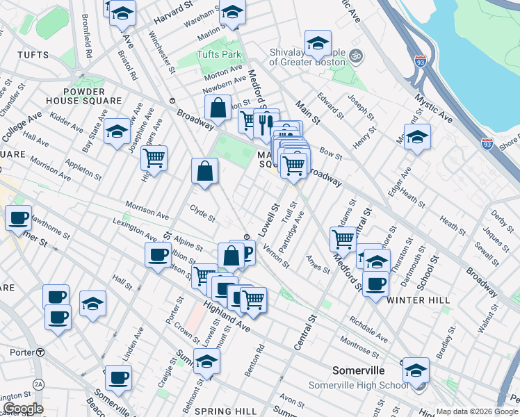 map of restaurants, bars, coffee shops, grocery stores, and more near 30 Nashua Street in Somerville