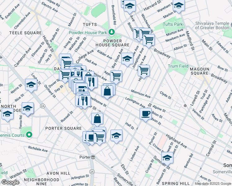 map of restaurants, bars, coffee shops, grocery stores, and more near 100 Willow Avenue in Somerville