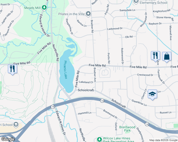 map of restaurants, bars, coffee shops, grocery stores, and more near 42475 Parkhurst Road in Plymouth