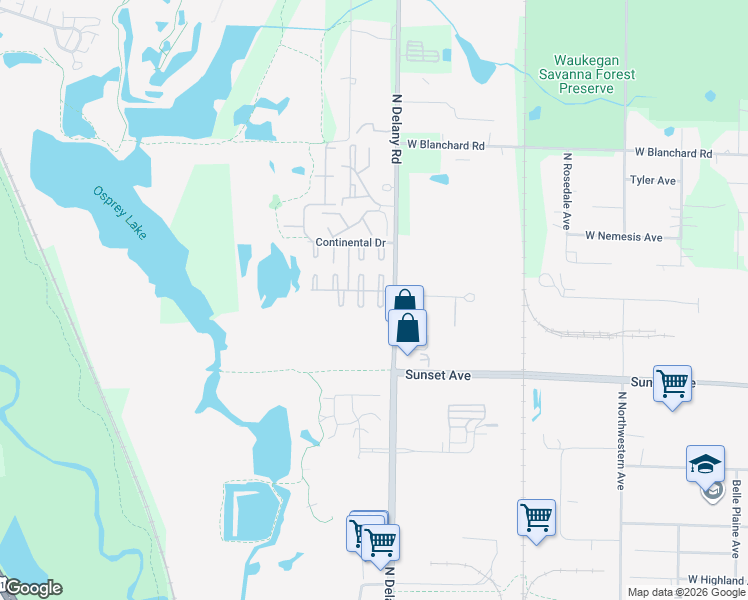 map of restaurants, bars, coffee shops, grocery stores, and more near 4113 Brentwood Lane in Waukegan