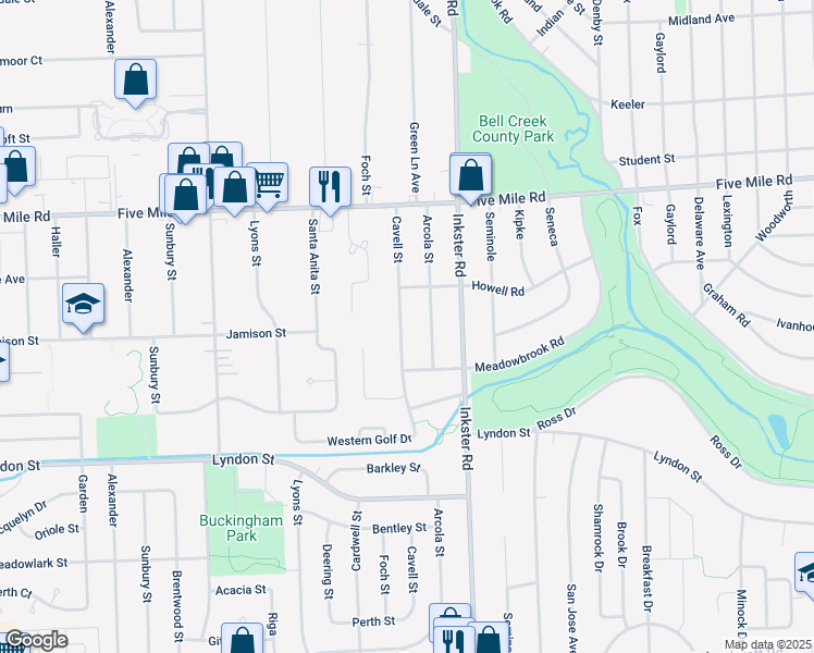 map of restaurants, bars, coffee shops, grocery stores, and more near 14870 Cavell Street in Livonia