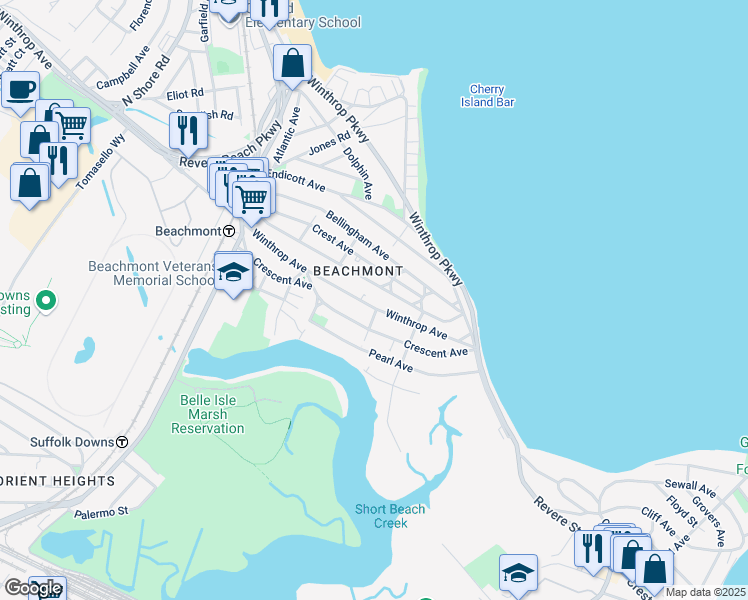 map of restaurants, bars, coffee shops, grocery stores, and more near 903 Winthrop Avenue in Revere