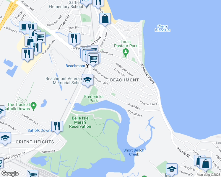 map of restaurants, bars, coffee shops, grocery stores, and more near 17 Orchard Street in Revere