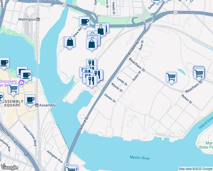 map of restaurants, bars, coffee shops, grocery stores, and more near 215 Alford Street in Everett