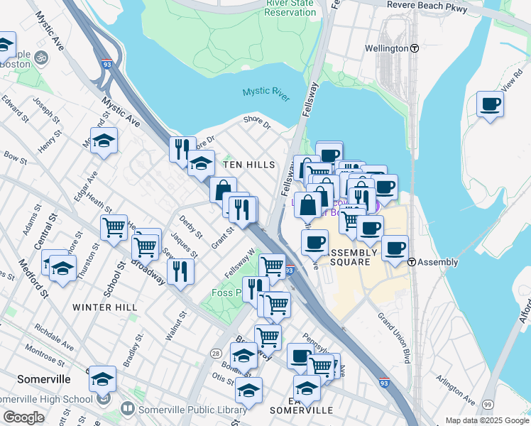 map of restaurants, bars, coffee shops, grocery stores, and more near in Somerville