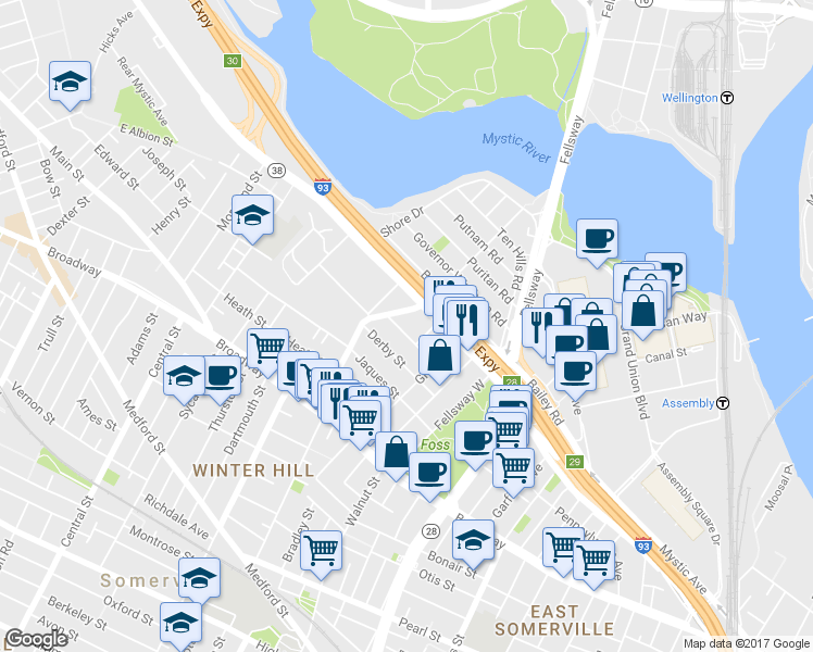 map of restaurants, bars, coffee shops, grocery stores, and more near 43 Sydney Street in Somerville