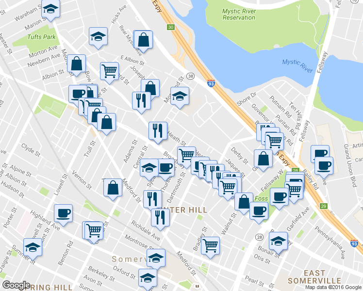 map of restaurants, bars, coffee shops, grocery stores, and more near 11 Fenwick Street in Somerville