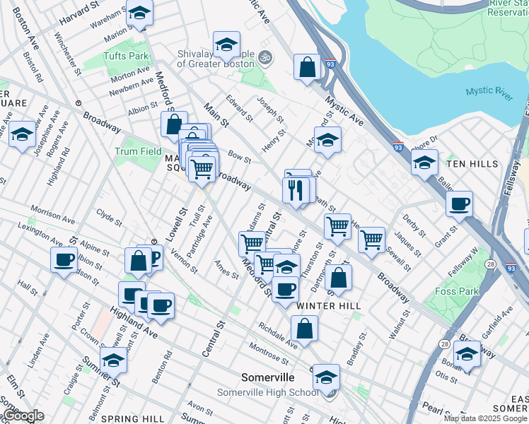 map of restaurants, bars, coffee shops, grocery stores, and more near 43 Adams Street in Somerville