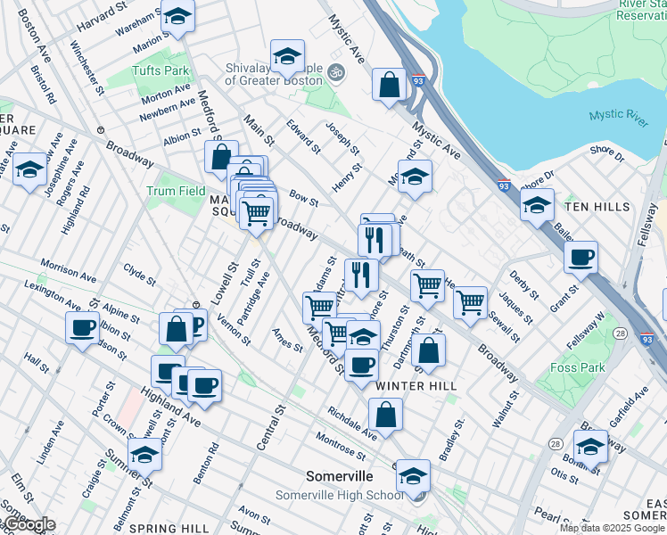 map of restaurants, bars, coffee shops, grocery stores, and more near 43 Adams Street in Somerville