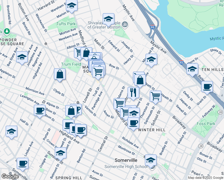 map of restaurants, bars, coffee shops, grocery stores, and more near 81 Bartlett Street in Somerville