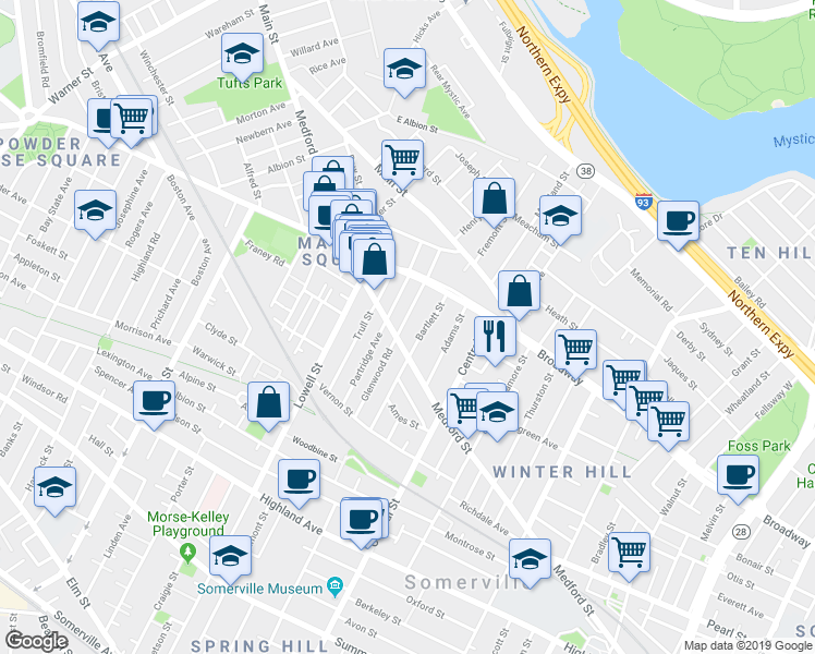 map of restaurants, bars, coffee shops, grocery stores, and more near 81 Bartlett Street in Somerville