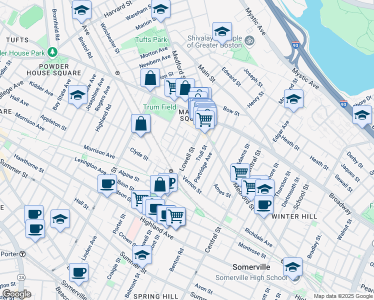 map of restaurants, bars, coffee shops, grocery stores, and more near 38 Trull Street in Somerville