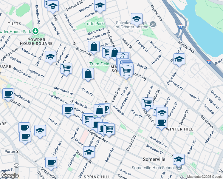 map of restaurants, bars, coffee shops, grocery stores, and more near 30 Nashua Street in Somerville