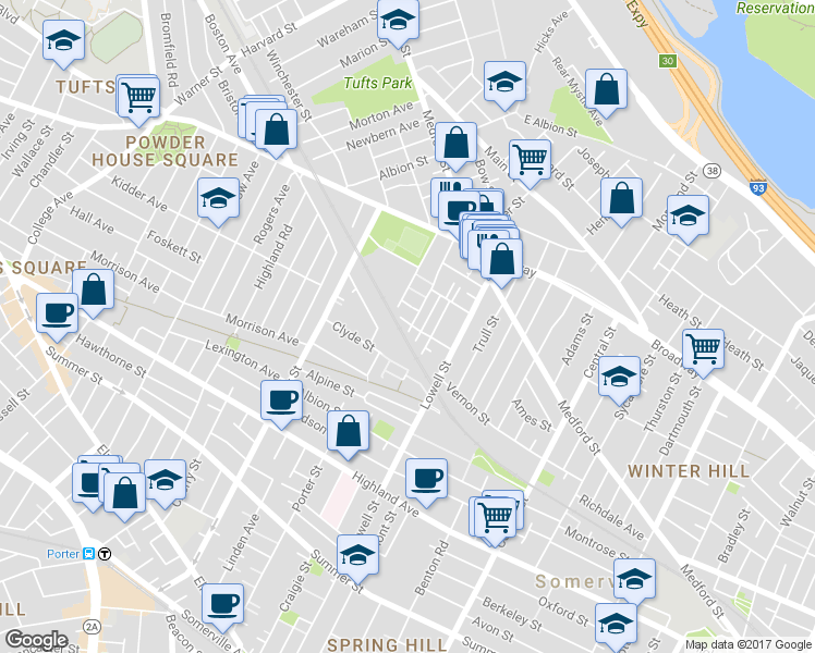 map of restaurants, bars, coffee shops, grocery stores, and more near 58 Clyde Street in Somerville