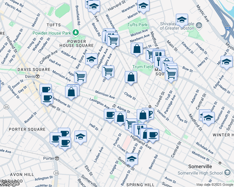 map of restaurants, bars, coffee shops, grocery stores, and more near 181 Cedar Street in Somerville