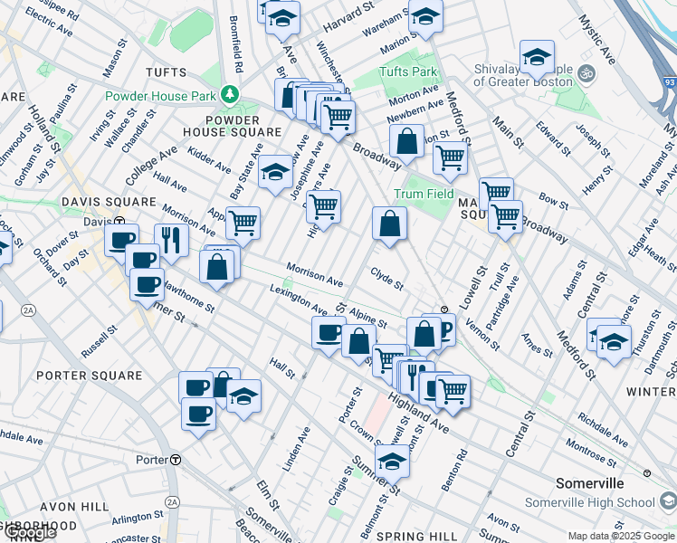 map of restaurants, bars, coffee shops, grocery stores, and more near in Somerville