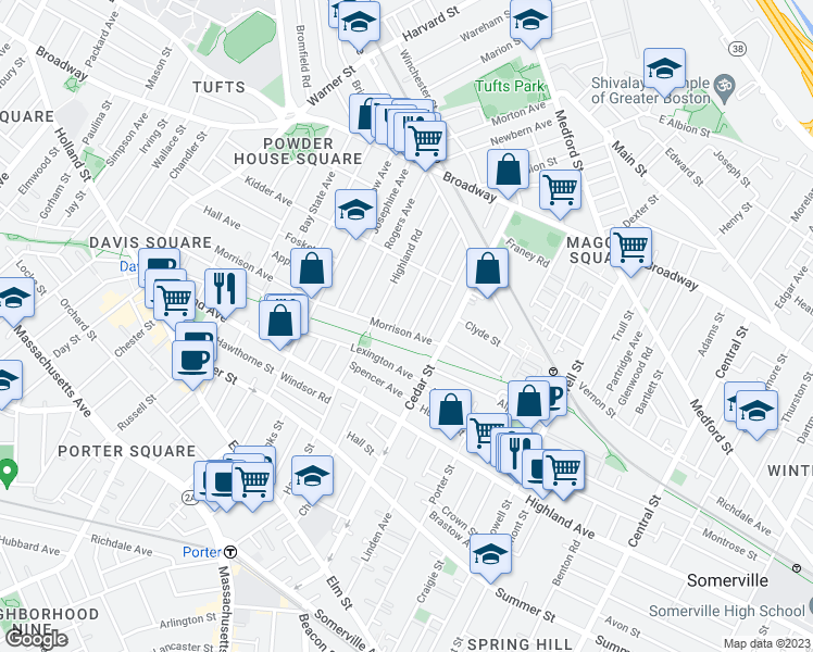 map of restaurants, bars, coffee shops, grocery stores, and more near in Somerville