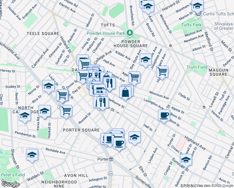 map of restaurants, bars, coffee shops, grocery stores, and more near 362A Highland Avenue in Somerville