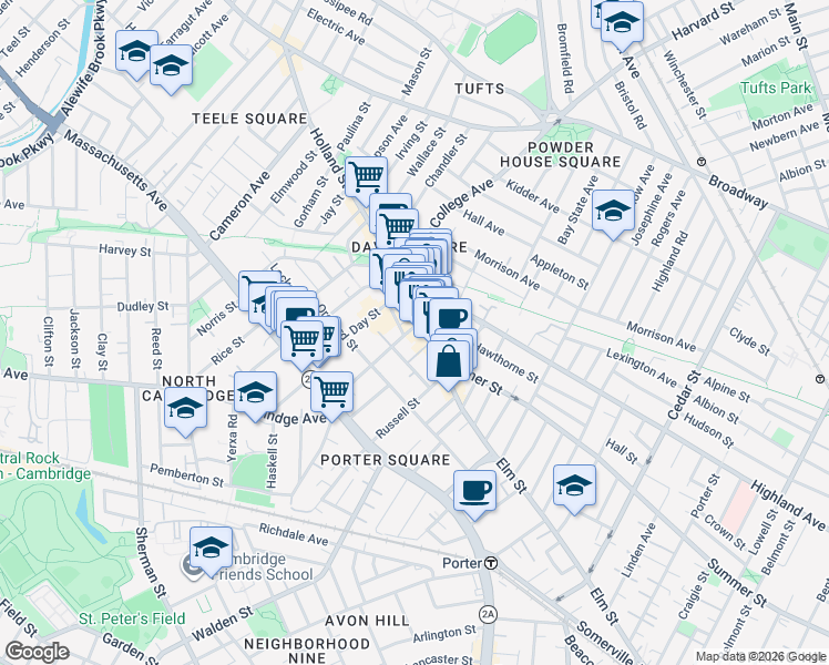 map of restaurants, bars, coffee shops, grocery stores, and more near in Somerville