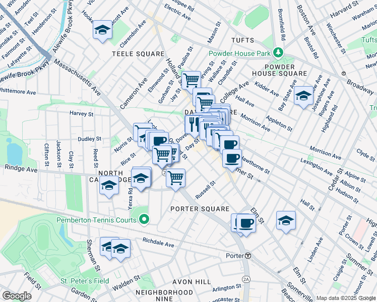 map of restaurants, bars, coffee shops, grocery stores, and more near 123 Orchard Street in Somerville