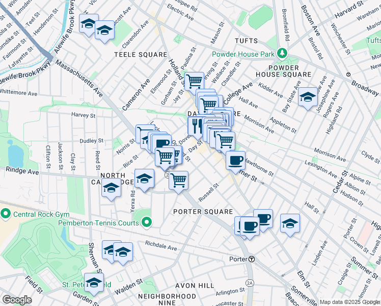 map of restaurants, bars, coffee shops, grocery stores, and more near 123 Orchard Street in Somerville