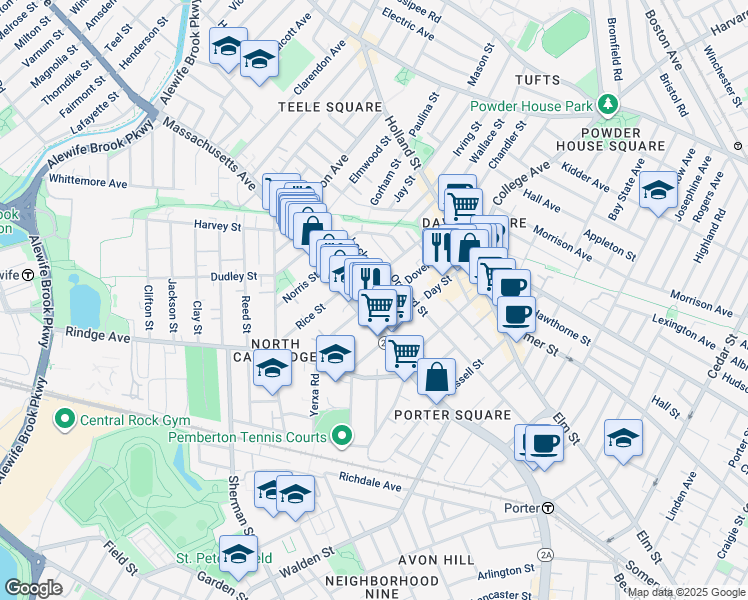 map of restaurants, bars, coffee shops, grocery stores, and more near 2265 Massachusetts Avenue in Cambridge