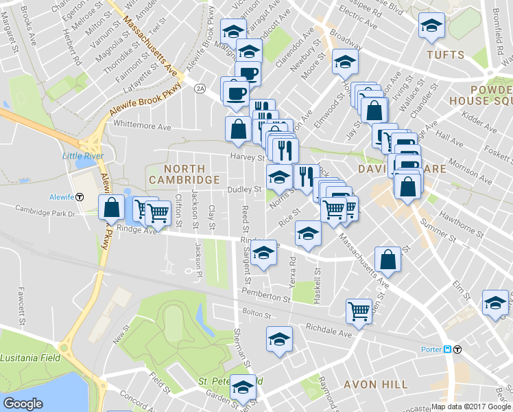 map of restaurants, bars, coffee shops, grocery stores, and more near 53R Cedar Street in Cambridge