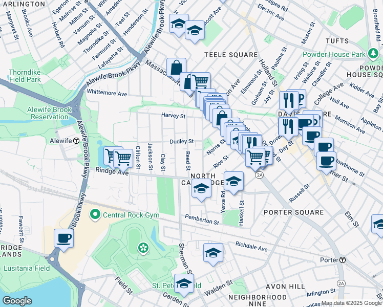map of restaurants, bars, coffee shops, grocery stores, and more near 53R Cedar Street in Cambridge