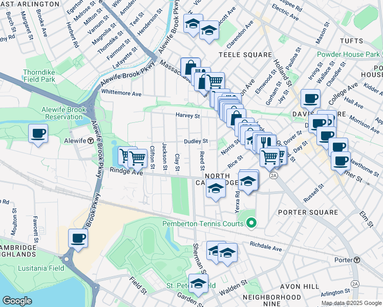 map of restaurants, bars, coffee shops, grocery stores, and more near 37 Montgomery Street in Cambridge