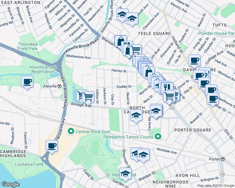 map of restaurants, bars, coffee shops, grocery stores, and more near 37 Montgomery Street in Cambridge