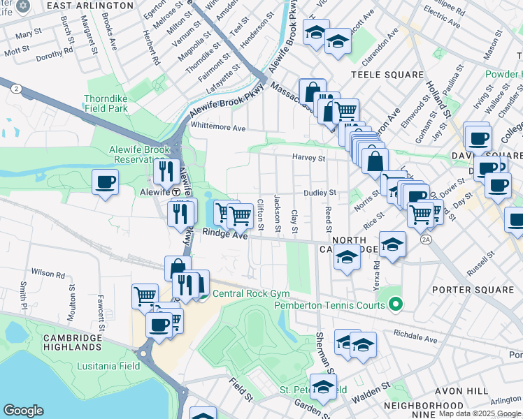 map of restaurants, bars, coffee shops, grocery stores, and more near 29 Clifton Street in Cambridge