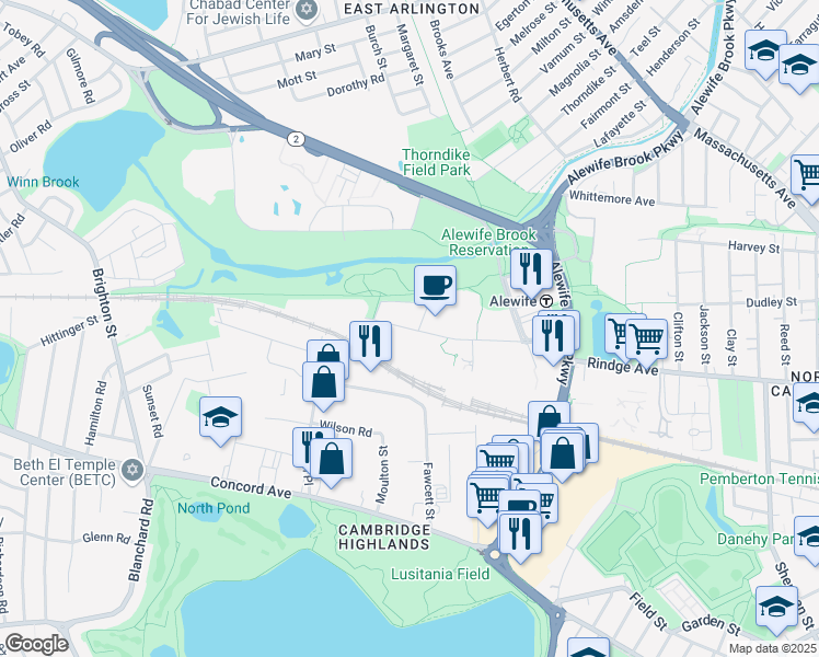 map of restaurants, bars, coffee shops, grocery stores, and more near 150 Cambridgepark Drive in Cambridge