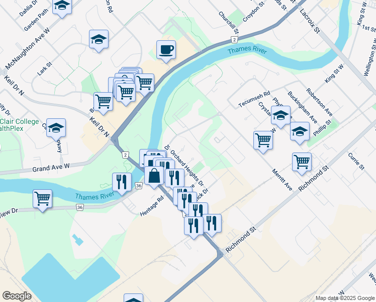 map of restaurants, bars, coffee shops, grocery stores, and more near 9 Sarah Crescent in Chatham