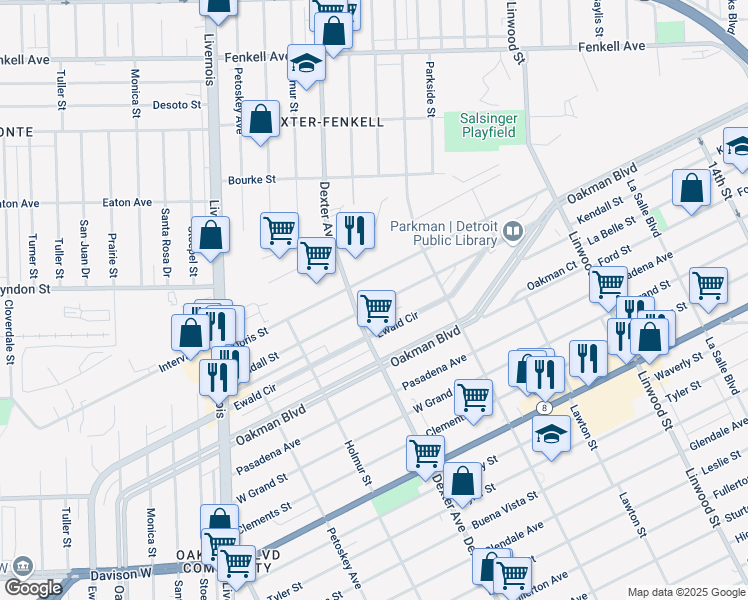 map of restaurants, bars, coffee shops, grocery stores, and more near 3351 Kendall Street in Detroit