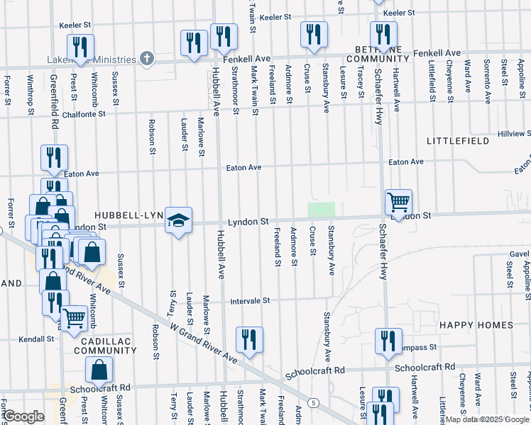 map of restaurants, bars, coffee shops, grocery stores, and more near 14441 Freeland Street in Detroit