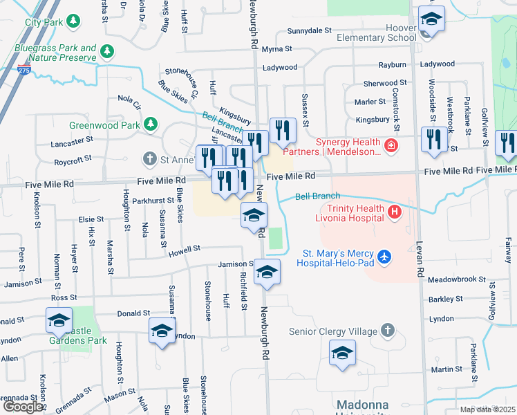 map of restaurants, bars, coffee shops, grocery stores, and more near 37569 Five Mile Road in Livonia