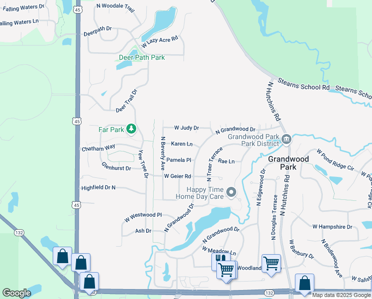map of restaurants, bars, coffee shops, grocery stores, and more near 18582 Pamela Place in Gurnee