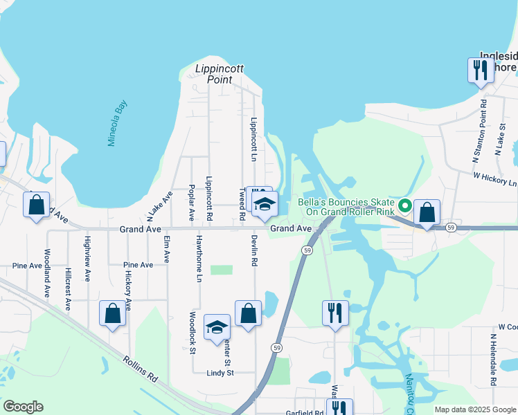map of restaurants, bars, coffee shops, grocery stores, and more near 278 Grand Avenue in Fox Lake