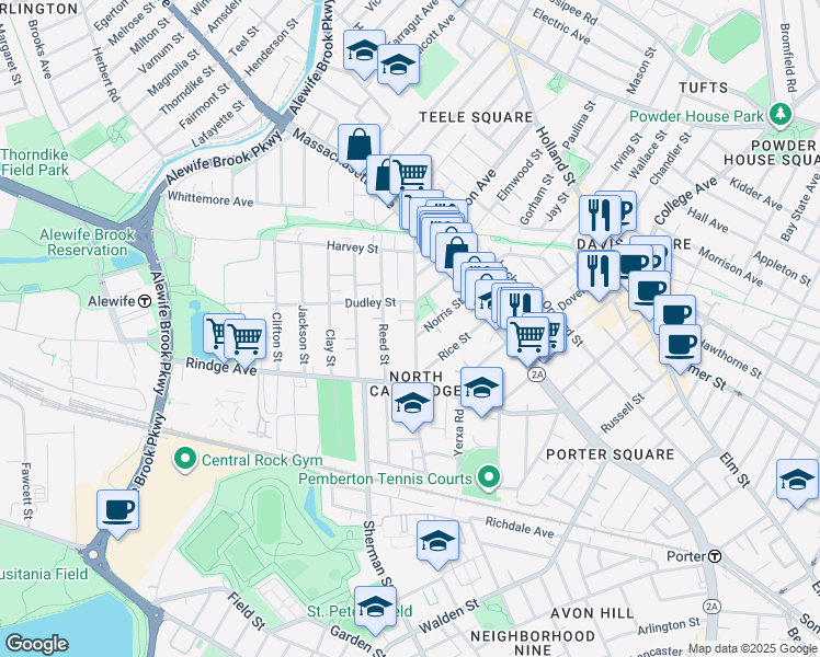 map of restaurants, bars, coffee shops, grocery stores, and more near 47 Cedar Street in Cambridge
