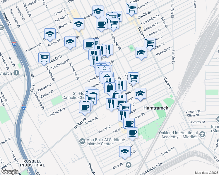 map of restaurants, bars, coffee shops, grocery stores, and more near 9401 Joseph Campau Avenue in Hamtramck