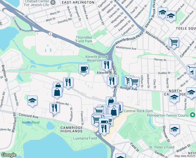 map of restaurants, bars, coffee shops, grocery stores, and more near 54 Cambridgepark Drive in Cambridge