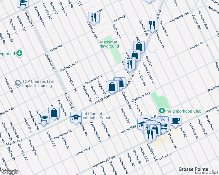 map of restaurants, bars, coffee shops, grocery stores, and more near 3445 Harvard Road in Detroit