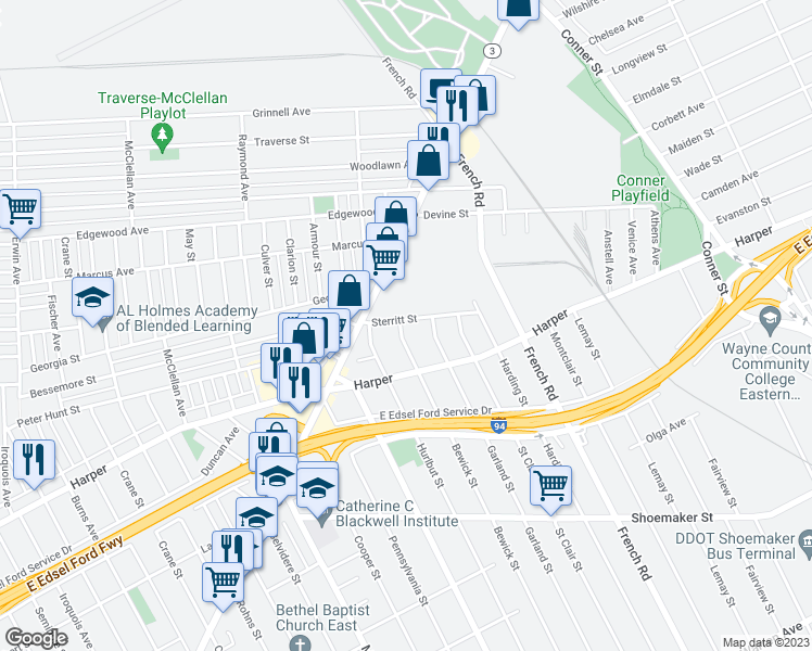 map of restaurants, bars, coffee shops, grocery stores, and more near 6582 Bewick Street in Detroit