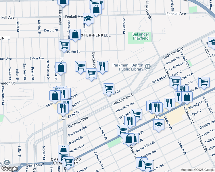 map of restaurants, bars, coffee shops, grocery stores, and more near 3351 Kendall Street in Detroit