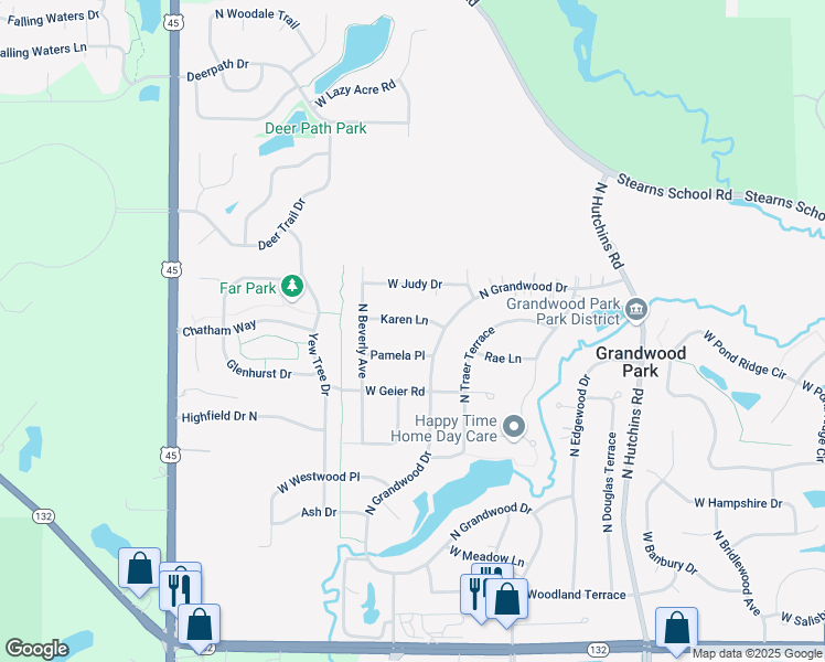 map of restaurants, bars, coffee shops, grocery stores, and more near 18582 Pamela Place in Gurnee