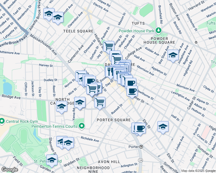 map of restaurants, bars, coffee shops, grocery stores, and more near 32 Day Street in Somerville