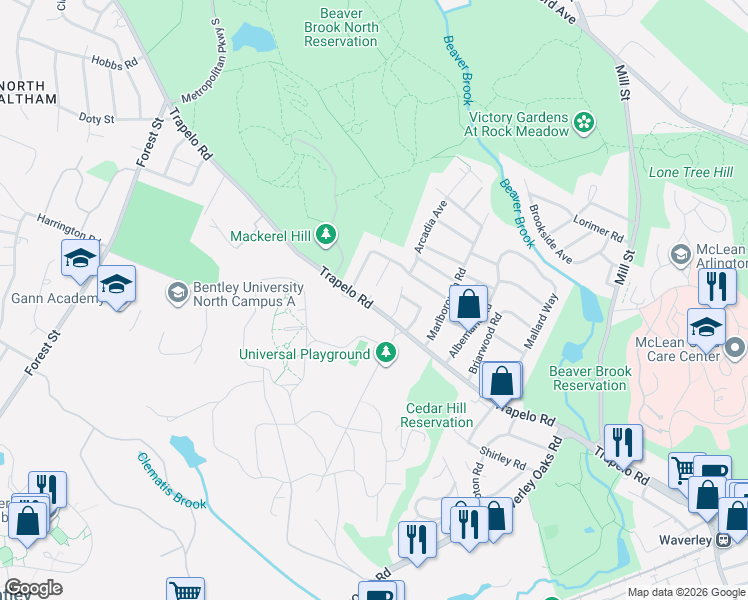 map of restaurants, bars, coffee shops, grocery stores, and more near 258 Trapelo Road in Waltham