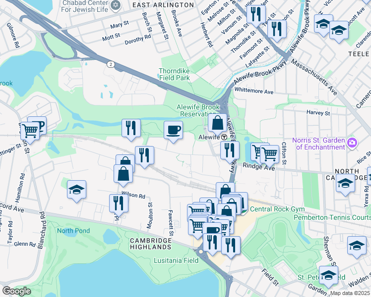 map of restaurants, bars, coffee shops, grocery stores, and more near 100 Cambridgepark Drive in Cambridge