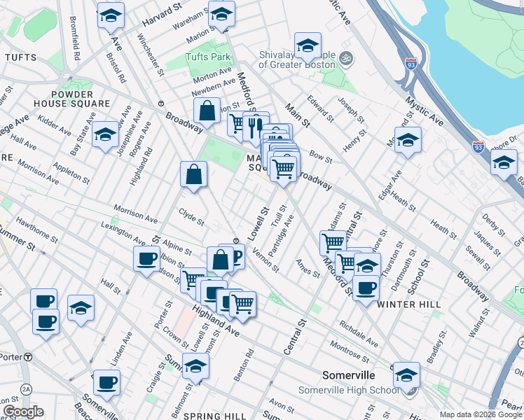 map of restaurants, bars, coffee shops, grocery stores, and more near 326 Lowell Street in Somerville