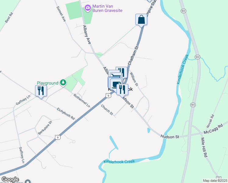 map of restaurants, bars, coffee shops, grocery stores, and more near 1 Broad Street in Kinderhook